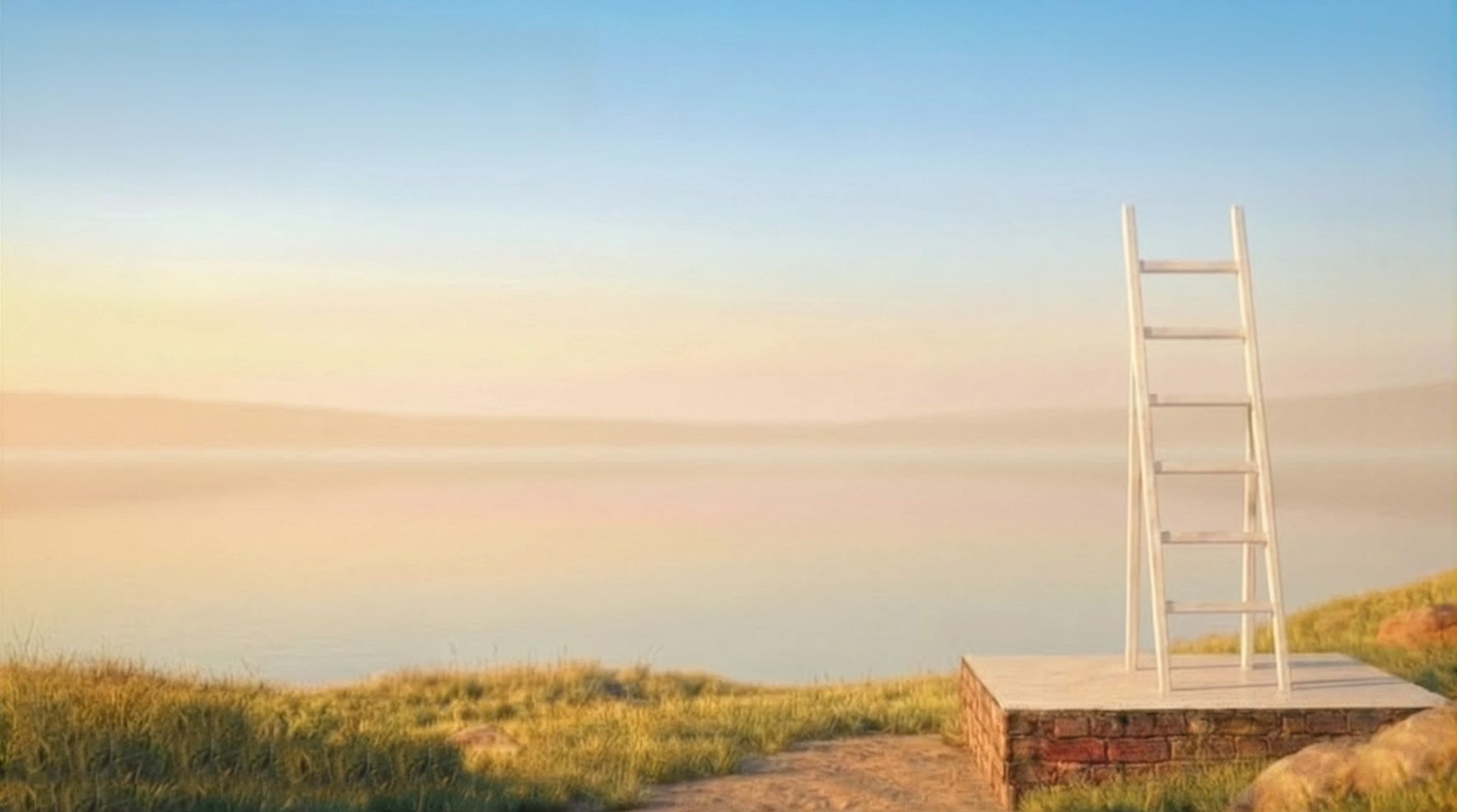 A white ladder standing on a brick platform on the shore of a calm lake at sunrise